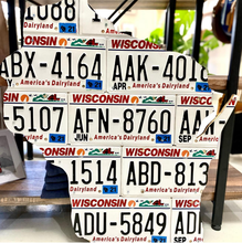 Load image into Gallery viewer, A collection of Wisconsin license plates displayed in a grid pattern, featuring a variety of numbers and colors, with 'Wisconsin' and 'Dairyland' text visible.