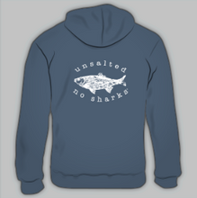 Load image into Gallery viewer, Unsalted No Sharks - Lake Michigan Hooded Sweatshirt in Storm Blue
