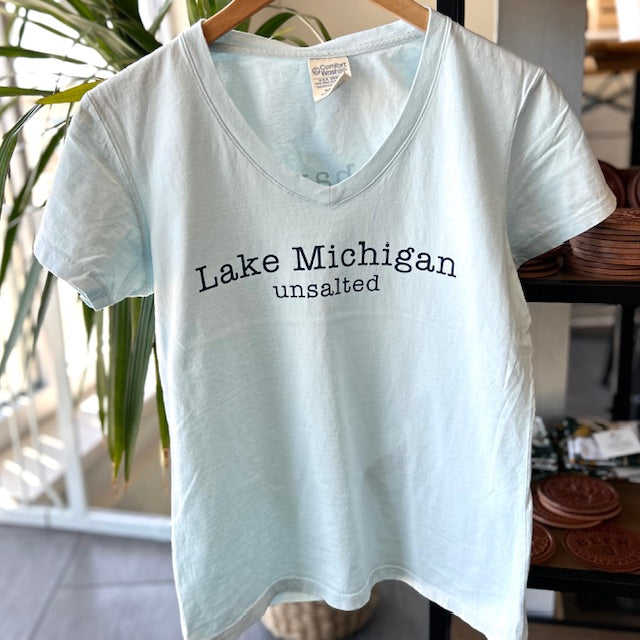 Unsalted No Sharks - Lake Michigan Ladies V-Neck tee