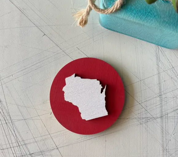 Wisconsin Red + White Wood Magnet