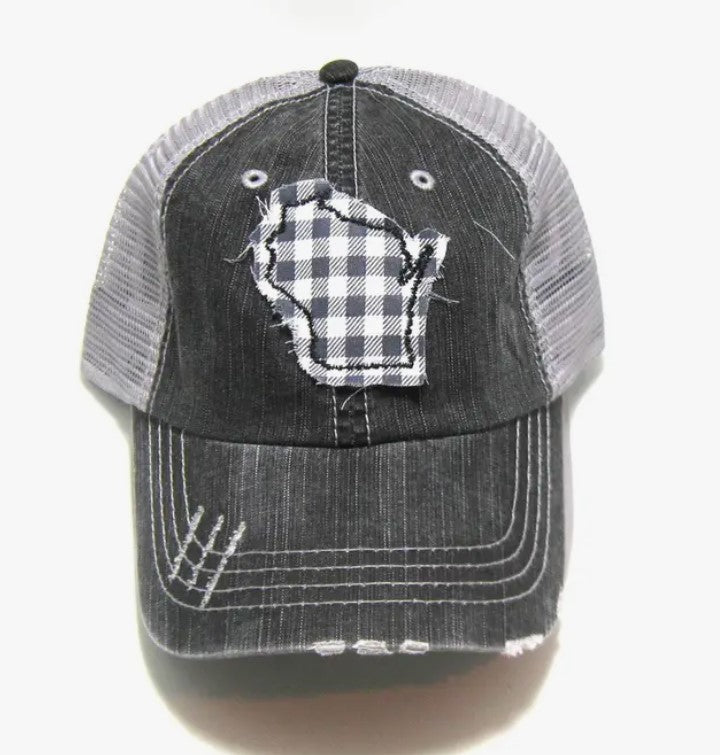WI Gingham Fabric Distressed Hat